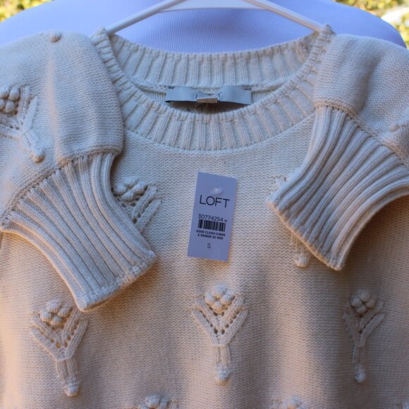 Loft NWT Women Sweater S Ivory Knitted Embellish Shift Pointelle Cardigan - Picture 2 of 5